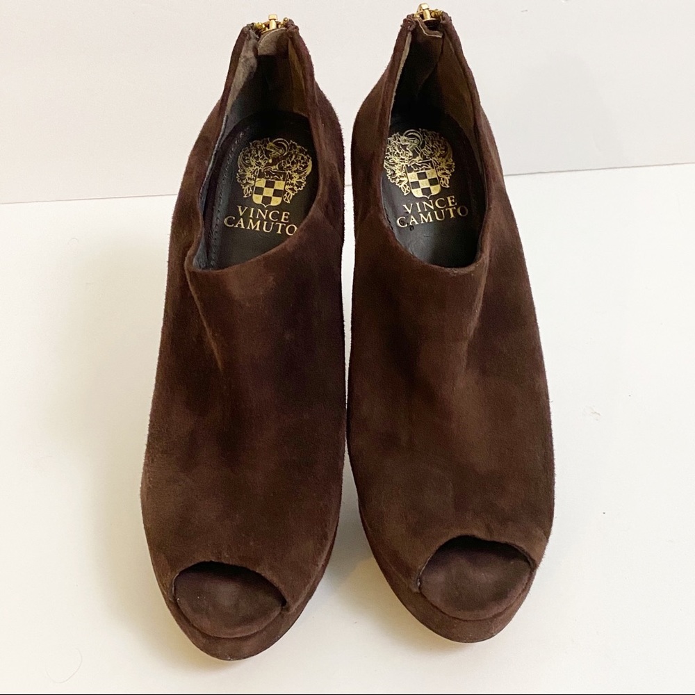 Vince Camuto Mac Brown Suede Peep Toe Bootie Heels - Picture 5 of 13